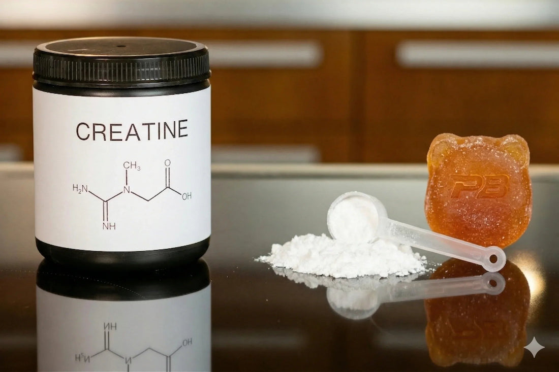 Pot de créatine monohydrate, poudre et gummies sur fond sombre