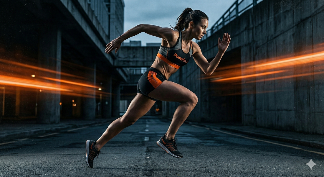 Coureur en sprint avec éclairage cinématique orange et gummies créatine au premier plan — créatine sports cardio POWERBEAR